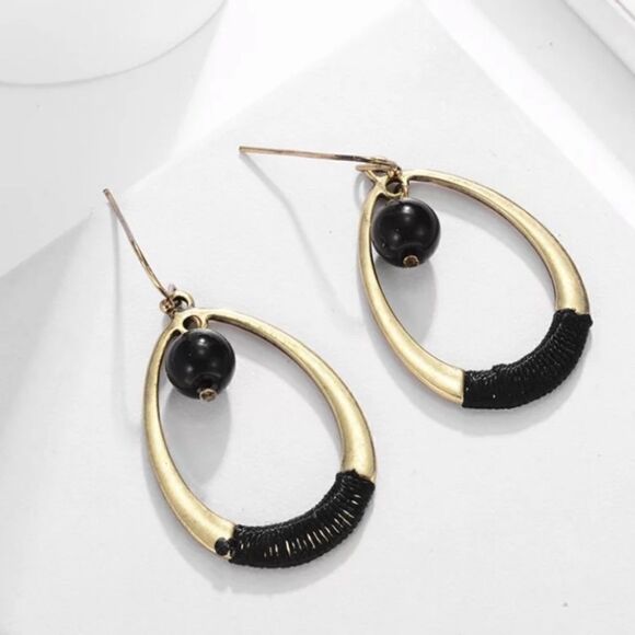 Thread Wrapped Tear Drop Earrings Black Gold - Picture 1 of 4